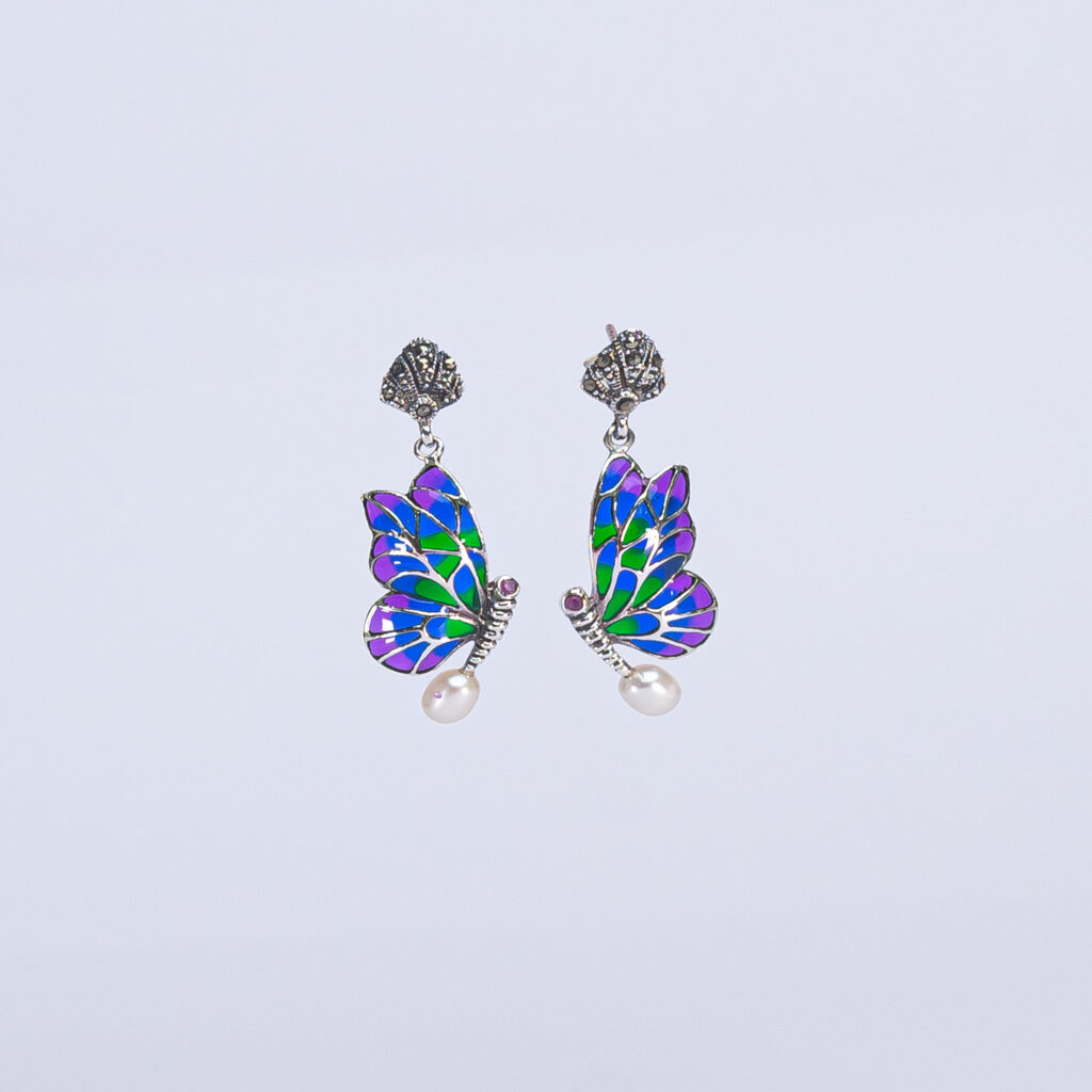 pendientes doble ala verde + perla