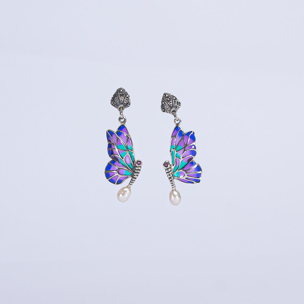 pendientes doble ala lila + perla