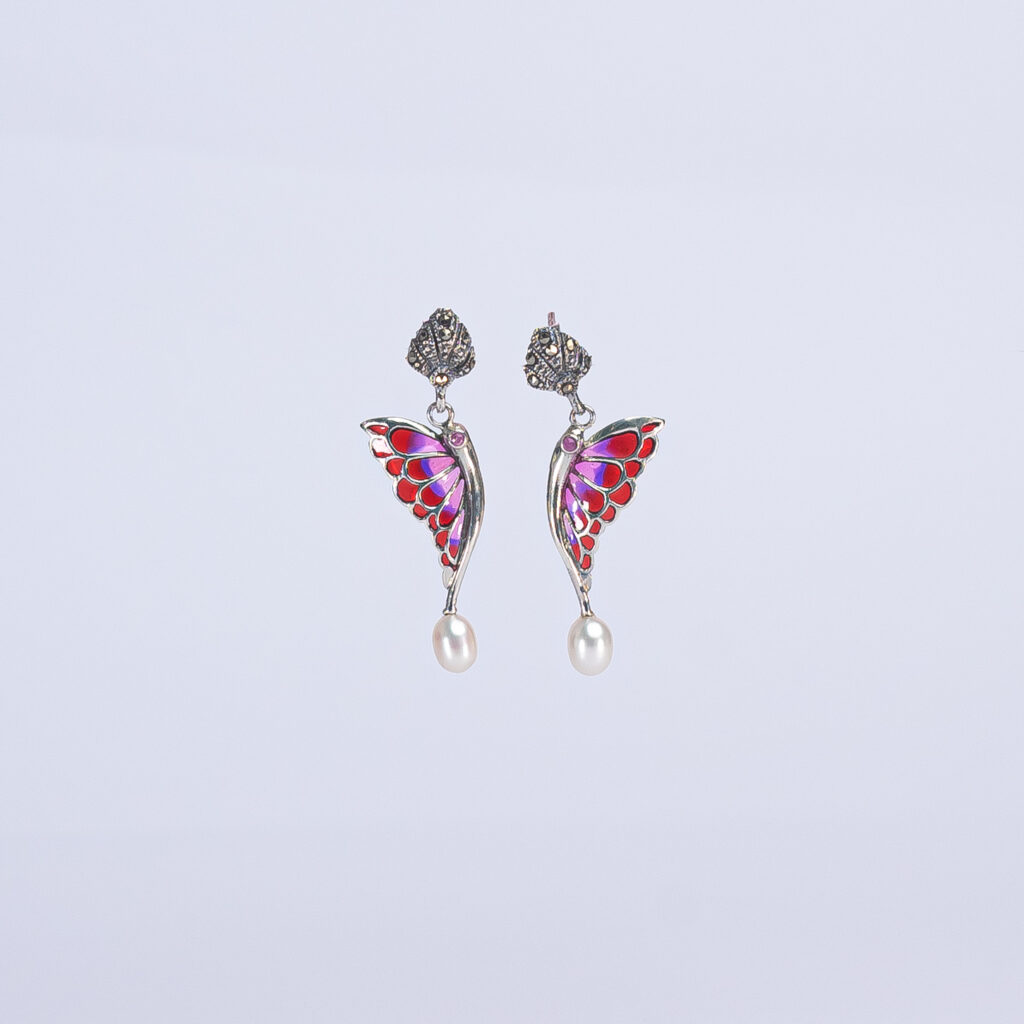 pendientes ala mariposa roja + perlas