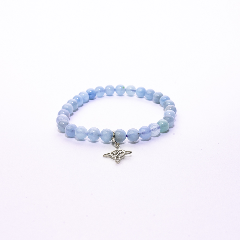 Pulsera de aguamarina 8 mm y nudo de bruja plata