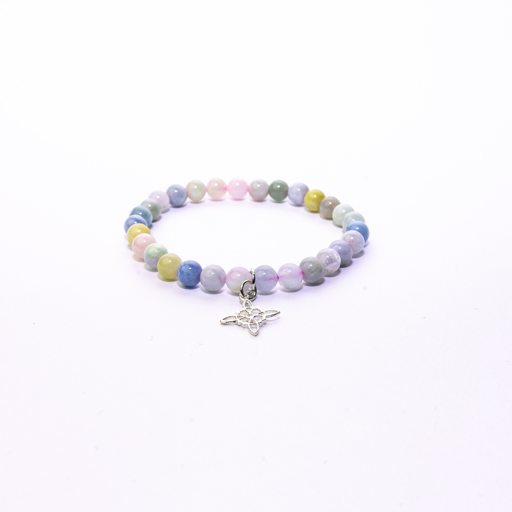Pulsera morganita 6 mm con nudo de bruja plata